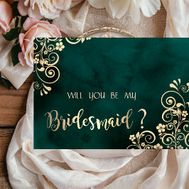 Gold Swirls Emerald Green Bridesmaid Card 招待状