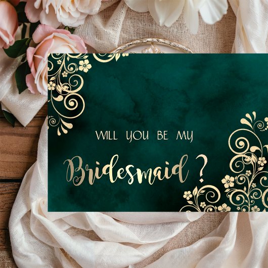 Gold Swirls Emerald Green Bridesmaid Card 招待状