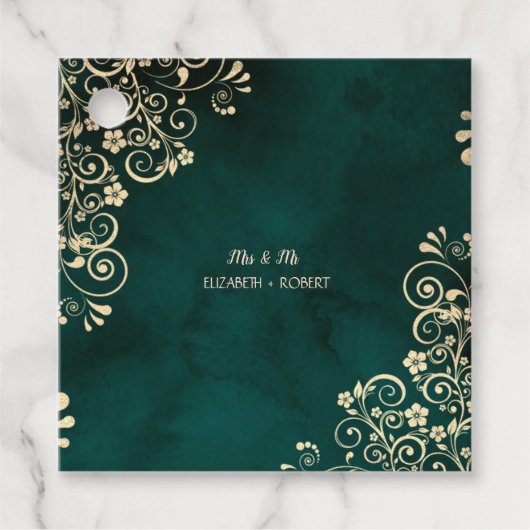 Gold Swirls Emerald Green Wedding フェイバータグ (正面)