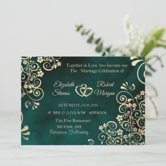 Gold Swirls Emerald Green Wedding  招待状 (スタンド正面)