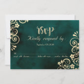 Gold Swirls Emerald Green Wedding RSVP Card 招待状 (正面)