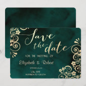 Gold Swirls Emerald Green Wedding Save The Date セーブザデート (正面/裏面)
