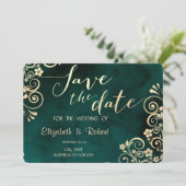 Gold Swirls Emerald Green Wedding Save The Date セーブザデート (スタンド正面)