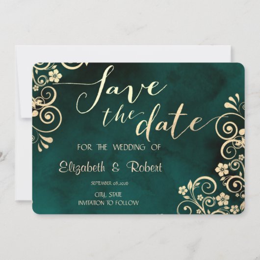 Gold Swirls Emerald Green Wedding Save The Date セーブザデート (正面)