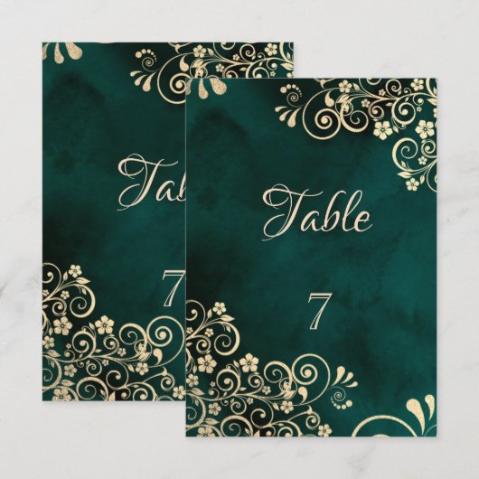 Gold Swirls Emerald Green Wedding Table Number 招待状 (正面/裏面)
