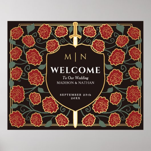 Gold Sword Shield Fantasy Wedding Welcome Sign ポスター (正面)