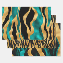Gold Teal Black Tiger Stripe Pattern Abstract ラッピングペーパーシート