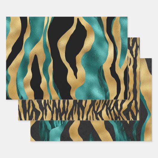 Gold Teal Black Tiger Stripe Pattern Abstract ラッピングペーパーシート (セット)