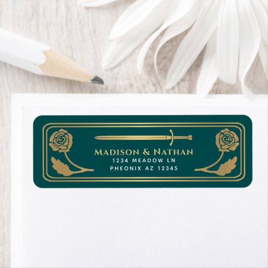 Gold Teal Medieval Fantasy Sword Wedding Label ラベル (インサイチュ)