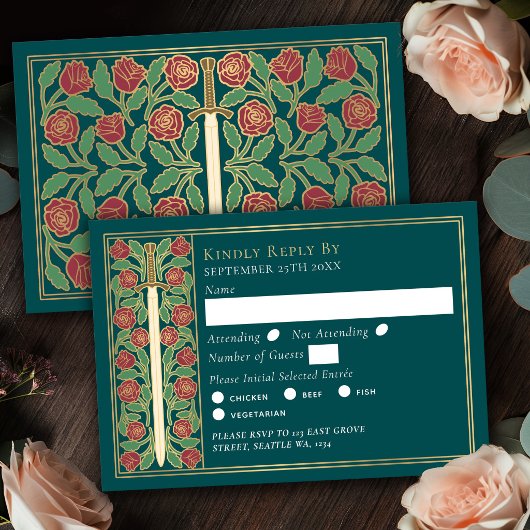 Gold Teal Medieval Floral Sword Wedding RSVP