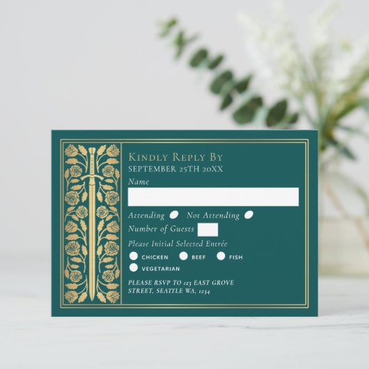Gold Teal Medieval Sword Wedding RSVP (スタンド正面)