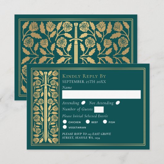 Gold Teal Medieval Sword Wedding RSVP (正面/裏面)