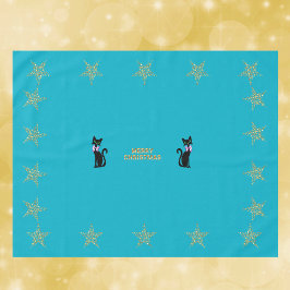 Gold Teal Merry Christmas Cats Stars pink Bows テーブルクロス