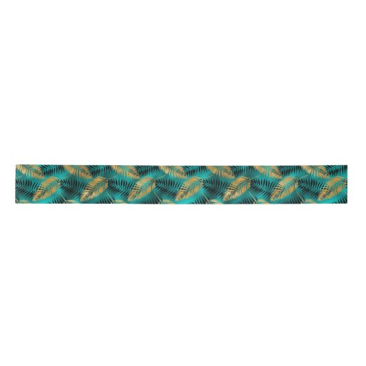 Gold Teal Palm Leaves | Luxe Tropical Pattern サテンリボン (正面)
