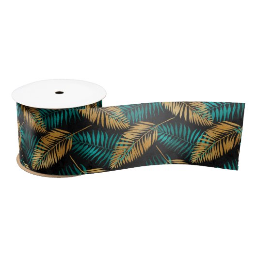 Gold Teal Palm Leaves | Luxe Tropical Pattern サテンリボン (リール)