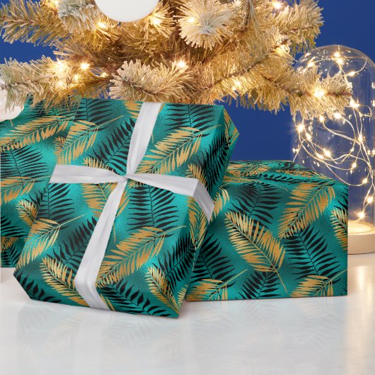 Gold Teal Palm Leaves | Luxe Tropical Pattern ラッピングペーパー (クリスマス)