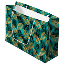 Gold Teal Palm Leaves | Luxe Tropical Pattern ラージペーパーバッグ