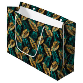 Gold Teal Palm Leaves | Luxe Tropical Pattern ラージペーパーバッグ