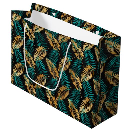 Gold Teal Palm Leaves | Luxe Tropical Pattern ラージペーパーバッグ (正面アングル)