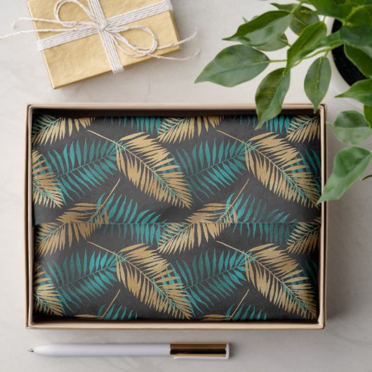 Gold Teal Palm Leaves | Luxe Tropical Pattern 薄葉紙 (ギフト)