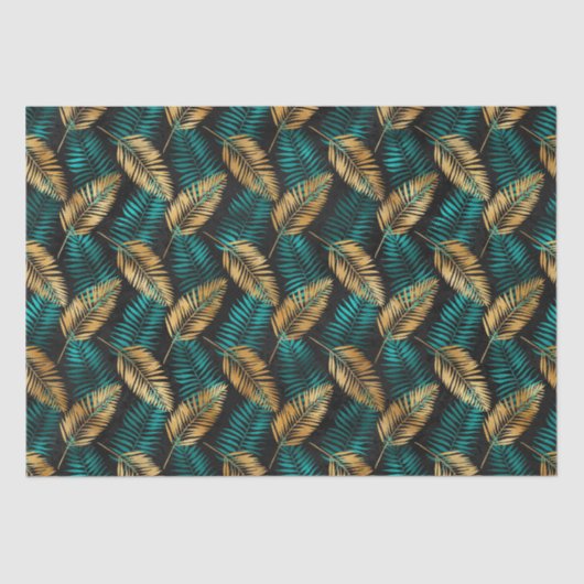 Gold Teal Palm Leaves | Luxe Tropical Pattern 薄葉紙 (正面)