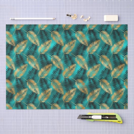 Gold Teal Palm Leaves | Luxe Tropical Pattern 薄葉紙 (クラフト)