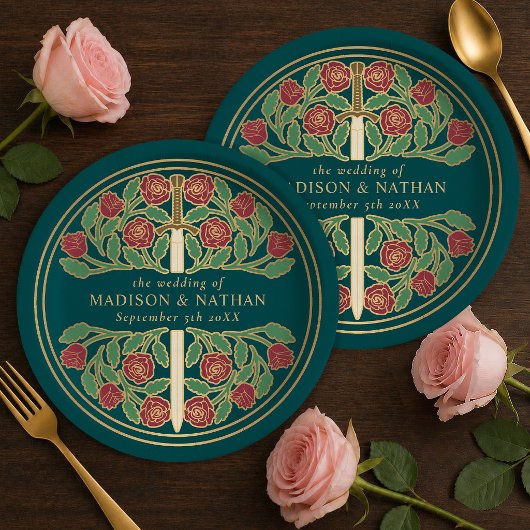 Gold Teal Royal Medieval Floral Sword Wedding  ペーパープレート
