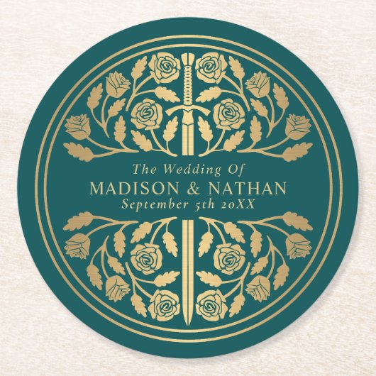 Gold Teal Royal Medieval Sword Wedding ラウンドペーパーコースター (正面)