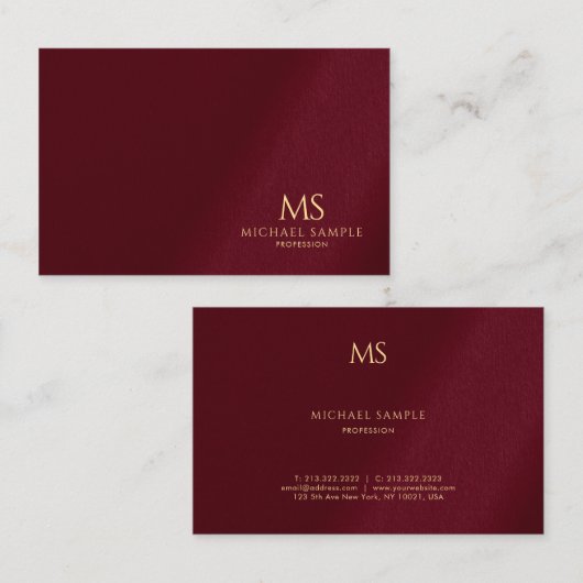 Gold Text Monogram Template Luxe Bordeaux Elegant 名刺 (正面/裏面)