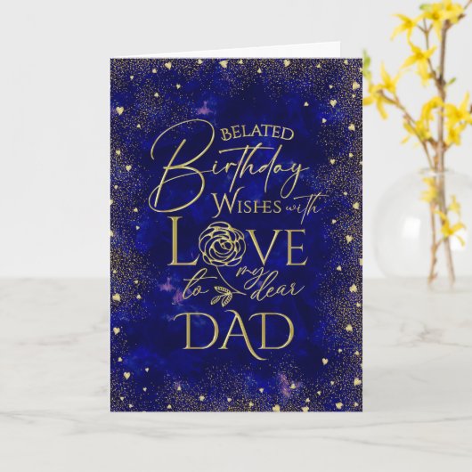 Gold Text Night Belated Birthday Dad カード (黄色い花)