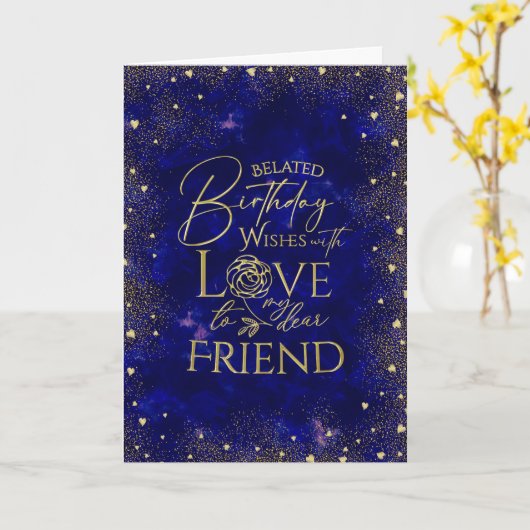 Gold Text Night Sky Belated Birthday Friend カード (黄色い花)