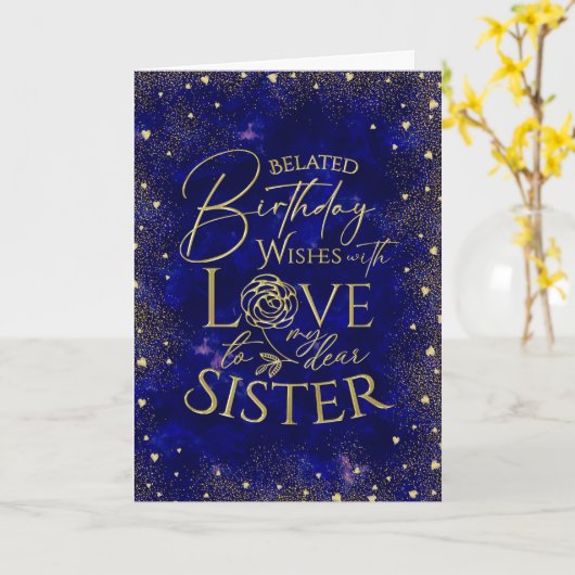 Gold Text Night Sky Belated Birthday Sister カード (黄色い花)