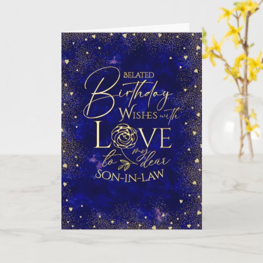 Gold Text Night Sky Belated Birthday Son-In-Law カード (黄色い花)
