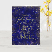 Gold Text Night Sky Belated Birthday Uncle カード (黄色い花)