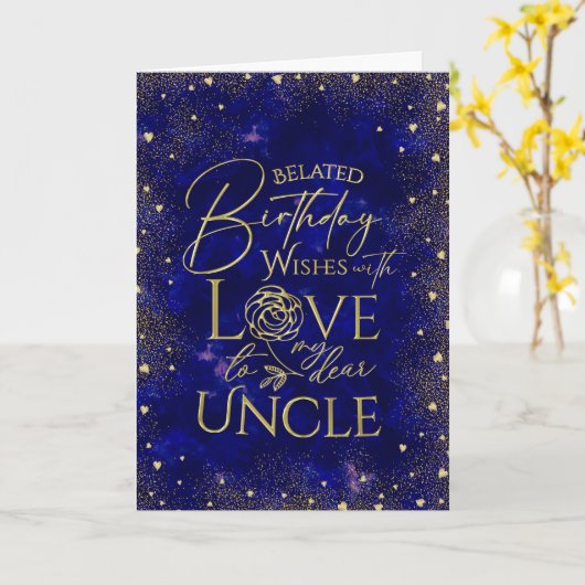 Gold Text Night Sky Belated Birthday Uncle カード (黄色い花)