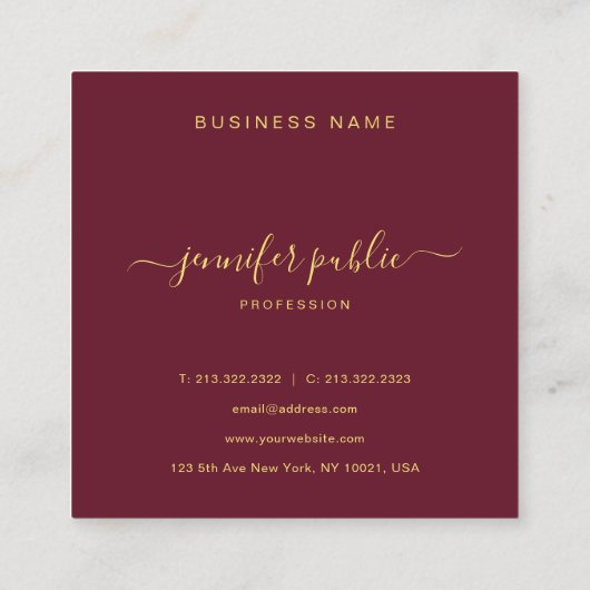 Gold Text Script Name Glossy Luxury Burgundy Red スクエア名刺 (裏面)