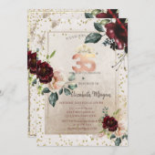 Gold Tiara,Burgundy Flowers  35th Birthday 招待状 (正面/裏面)