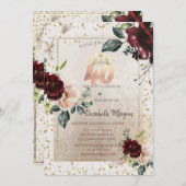 Gold Tiara,Burgundy Flowers  40th Birthday 招待状 (正面/裏面)