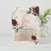 Gold Tiara,Burgundy Flowers  50th Birthday 招待状 (スタンド正面)