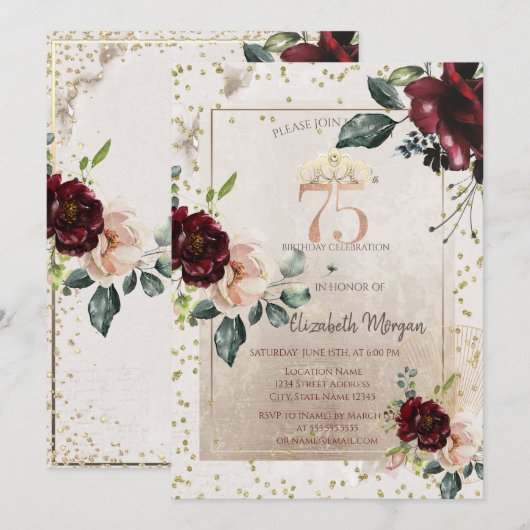 Gold Tiara,Burgundy Flowers 75th Birthday 招待状 (正面/裏面)