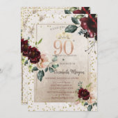 Gold Tiara,Burgundy Flowers 90th Birthday 招待状 (正面/裏面)