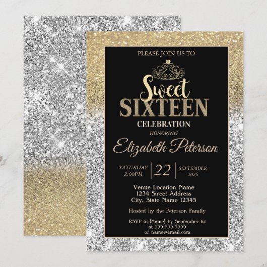 Gold Tiara Silver Gold Glitter Bokeh Sweet 16 招待状 (正面/裏面)