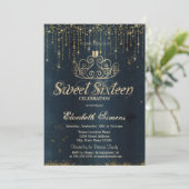 Gold Tiara String Lights Blue Princess Sweet 16 招待状 (スタンド正面)
