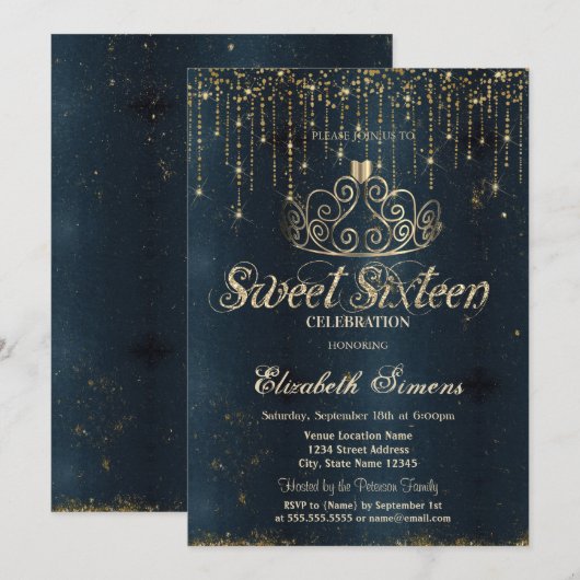 Gold Tiara String Lights Blue Princess Sweet 16 招待状 (正面/裏面)