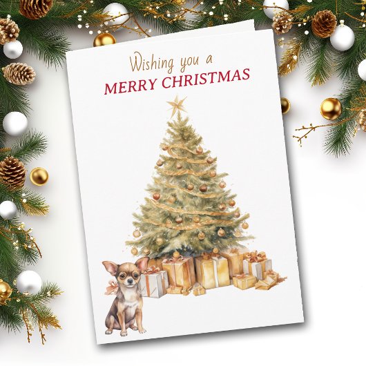 Gold Tree Chihuahua Puppy Dog Christmas Card シーズンカード