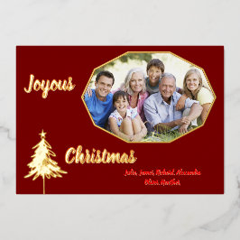 Gold Tree Minimal Dark Red Joyous Christmas Photo  箔シーズンカード