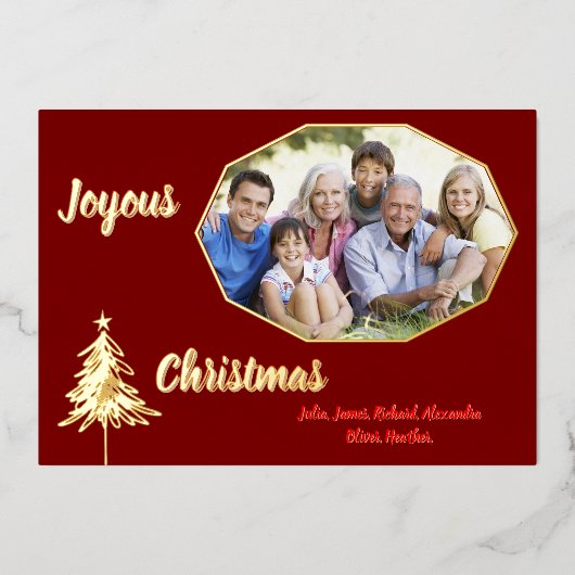 Gold Tree Minimal Dark Red Joyous Christmas Photo  箔シーズンカード (正面)