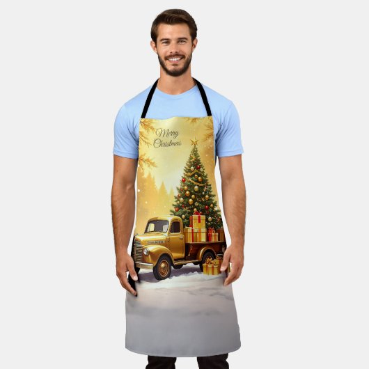 Gold Truck Christmas Tree Holiday Apron エプロン (着用した状態)