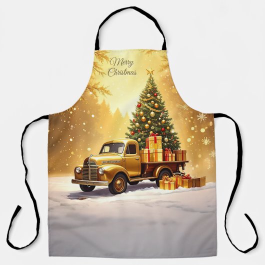 Gold Truck Christmas Tree Holiday Apron エプロン (正面)