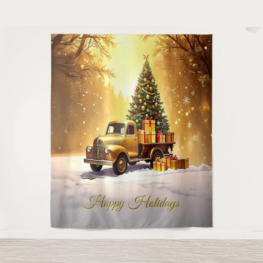 Gold Truck Christmas Tree Holiday Backdrop タペストリー (正面)